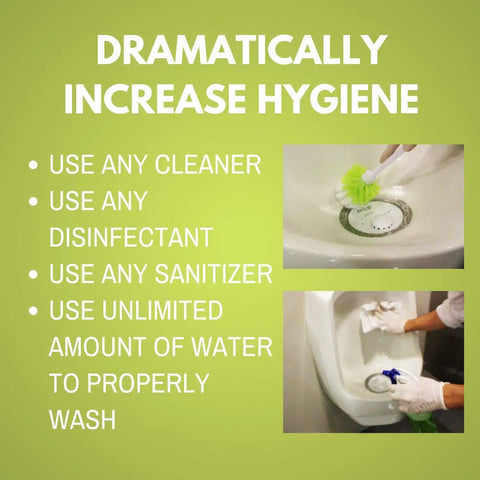 Person cleaning urinals to demonstrate hygiene benefits of Waterless Urinal Cartridge Replacement For Bobrick Falcon Sloan kit.