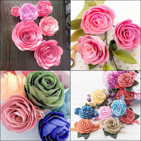Image of paper flowers created using the 12 Piece Slotted Quilling Tool Set for Paper Crafting, showcasing various colors and sizes.
