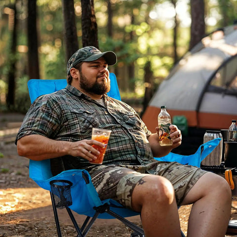Man sitting on Oversized Rocking Camping Chair with Luxury Padded Recliner in blue, holding drinks, tent in background, outdoor scene