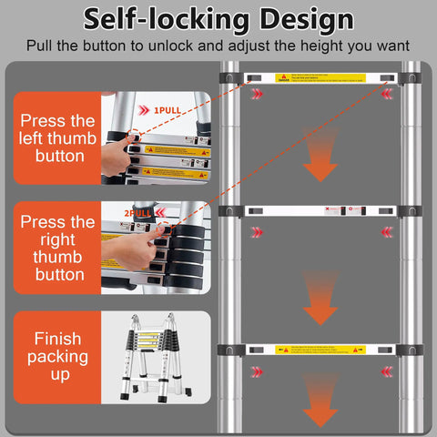 Telescoping A Frame Ladder 16.5 Feet Aluminum With Stabilizer Bar For Ultra Stable Reach Anti Slip Steps And Textured Rungs For Safety Wobble Free With Smart Locking Pins Silver Finish self-locking design diagram