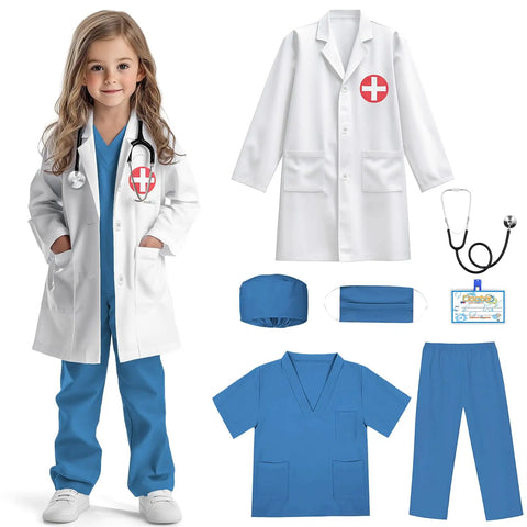 Kid Friendly Doctor Costume Set With Lab Coat Scrubs Real Stethoscope 7 Piece Dress Up Kit For Boys And Girls Halloween Costumes Career Day Ready Realistic Medical Play