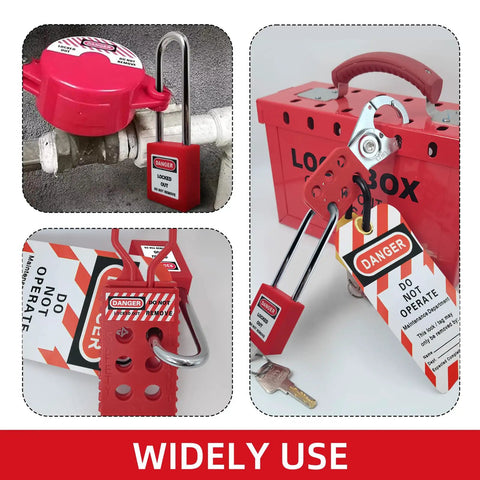 Red Lockout Tagout Padlock Set, 5 Piece Safety Locks Keyed Differently, OSHA Compliant Electrical Lockout Kit With 2 Keys Each shown in use on industrial equipment.