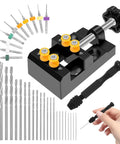 Mini Drill Press Vise Kit With 0 To 2.17 Inch Clamping Range showing vise, drill bits, and hand tool for precise DIY projects