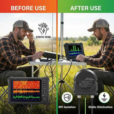 Comparison of ham radio setup before and after using Heavy Duty 1000W 3 In 1 Shortwave Common Mode Filter For Outdoor Ham Radio.