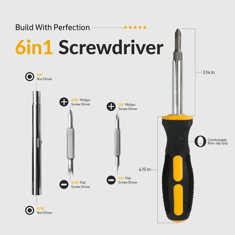 Six In One Screwdriver Kit With Comfortable Non Slip Grip Built In Bit Holder For Everyday Carry Ready Multi Tool