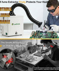 Technician using 105W Solder Fume Extractor With Big 2 In 1 HEPA Carbon Filter for Soldering and PCB Repair at workbench.
