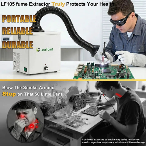 Technician using 105W Solder Fume Extractor With Big 2 In 1 HEPA Carbon Filter for Soldering and PCB Repair at workbench.