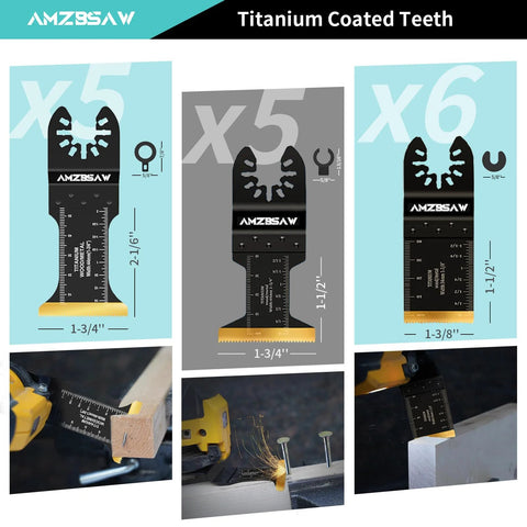 AMZBSAW 16-pc titanium-coated oscillating saw blades kit for metal and wood; universal fit for major brands