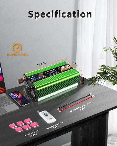 Weekend Warrior Pure Sine Wave Power Inverter That Converts 12V Dc To 120V Ac Output With Four Main Outlets And Rapid Usb Charging For Pickup Trucks Rv Camper Adventures Built Like A Tank on a black table with specifications displayed.
