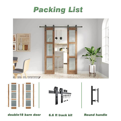 Double 18 By 84 Inch Glass Barn Doors With 36 Inch Opening, 6.6 Ft Beefed-Up Hardware Kit And Handle Included, installed view