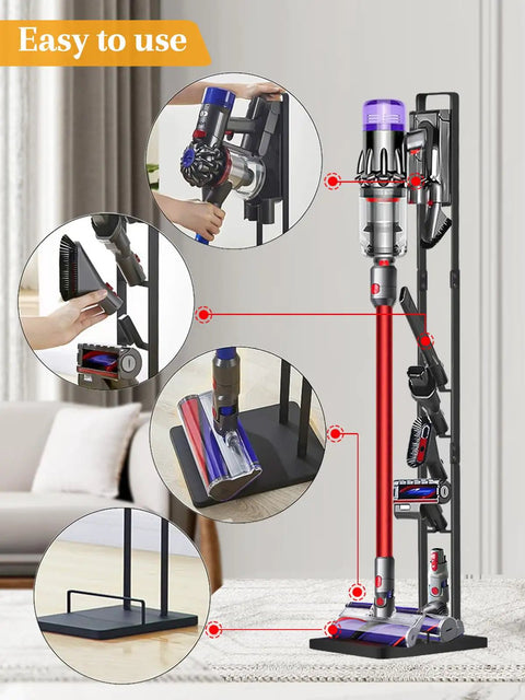 Dyson Vacuum Stand And Cordless Vacuum Accessory Organizer For V15 V11 V10 V8 V7 V6 And DC30 DC31 DC34 DC35 DC58 DC59 DC62 DC74 Heavy Duty Metal Storage Holder For Home Garage And Kitchen Black displayed in a living room.