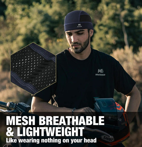 Cooling Skull Cap Liner For Helmets Lightweight Mesh Under Helmet Cap For Cycling And Motorcycle Breathable Sweat Wicking Head Cover For Men And Women Black on male model outdoors with close-up of mesh fabric.