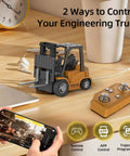 Mini RC Forklift Toy One Sixty Fourth Scale With Remote And Free App Control shown with controller and smartphone on desk