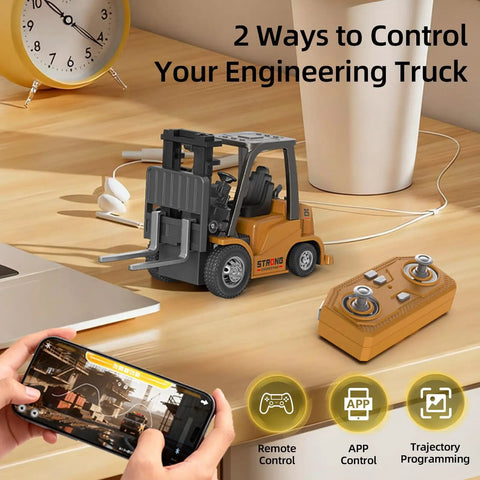 Mini RC Forklift Toy One Sixty Fourth Scale With Remote And Free App Control shown with controller and smartphone on desk