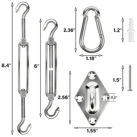 80 Piece Shade Sail Hardware Kit For 6 Inch Components, Ideal For Triangle Or Rectangle Sun Shade Sail Installations, 304 Stainless Steel parts dimensions