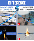 Comparison showing Qibaok insulated wire connectors vs solder seal connectors, highlighting durability and flame resistance features.