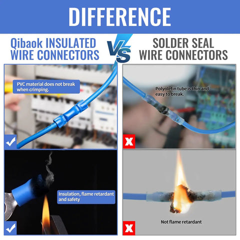 Comparison showing Qibaok insulated wire connectors vs solder seal connectors, highlighting durability and flame resistance features.