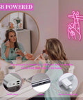 Woman using makeup with Pink LED Hand Neon Sign For Wall Decor USB Powered Nail Room And Girls Room Neon Light glowing in room.