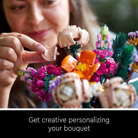 Botanical Flower Bouquet Building Kit With 15 Realistic Stems Like Roses Snapdragons Poppies Asters Daisies And Grasses For Adults A Dope Home Decor Craft Set That Feels Like A Real Life Florist Project, woman customizing LEGO flower bouquet