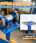 Rock Solid Heavy Duty Bench Grinder Stand With Integrated Vise And Floor Pedestal Supporting Up To Two Hundred Twenty Pounds showing grinding machine and wide countertop measurements.