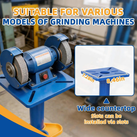 Rock Solid Heavy Duty Bench Grinder Stand With Integrated Vise And Floor Pedestal Supporting Up To Two Hundred Twenty Pounds showing grinding machine and wide countertop measurements.