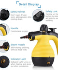 Handheld Steam Cleaner Powerhouse With 1050W Heat And Heavy Duty with safety features and steam nozzle details.