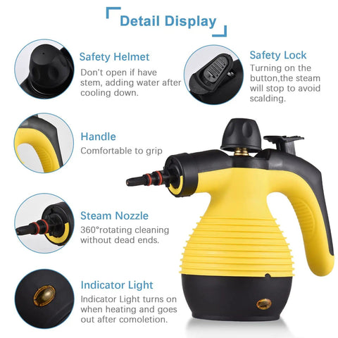 Handheld Steam Cleaner Powerhouse With 1050W Heat And Heavy Duty with safety features and steam nozzle details.