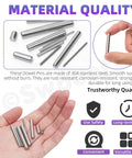 Boss Level 304 Stainless Steel Dowel Pin Assortment Featuring 180 Pieces Across Nine Sizes With Rock Solid M2 Specs And Easy Clean Storage Box No Sweat Choice For DIY Cabinet Fixes And Shelf Mounts, showing various dowel pins held in a hand.