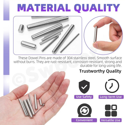 Boss Level 304 Stainless Steel Dowel Pin Assortment Featuring 180 Pieces Across Nine Sizes With Rock Solid M2 Specs And Easy Clean Storage Box No Sweat Choice For DIY Cabinet Fixes And Shelf Mounts, showing various dowel pins held in a hand.