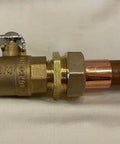 Real Solid 3/4 Inch Brass Pipe Union Fittings Three Pack Copper To Male Thread Sweat Plumbing Connectors visible with a valve and copper pipe.