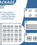 Front view: 28-piece press and pull sleeve kit with 20 sleeves, 4 stop plate discs, 4 pulling spindles, 8 sealing rings.