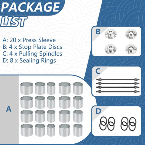 Front view: 28-piece press and pull sleeve kit with 20 sleeves, 4 stop plate discs, 4 pulling spindles, 8 sealing rings.