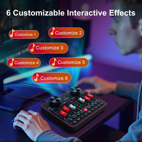 Person using All In One USB Audio Mixer For PC And Phone Live Streaming And Gaming With 3.5mm Mic And Instrument Inputs Bluetooth Denoise