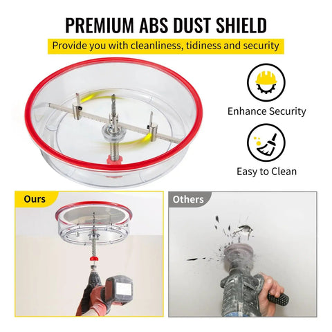 Solid Adjustable Hole Saw Kit With Steel Cutter Fits 40 To 200mm Range, Includes Dust Shield HSS Pilot Bits Plus Carbide And Wood Blades For DIY Sheetrock Slate And Veneer Projects Without Breakin Bones. Clear ABS dust shield for drill cutting