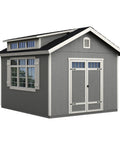 DIY 10x12 Wooden Storage Shed With Floor in beige featuring 56 inch wide double doors with transom windows and a 10 foot peak