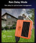 Dope Solar WiFi Sprinkler Timer With Flow Monitor showing rain delay mode for gardens, highlighting off-grid solar power and control features.