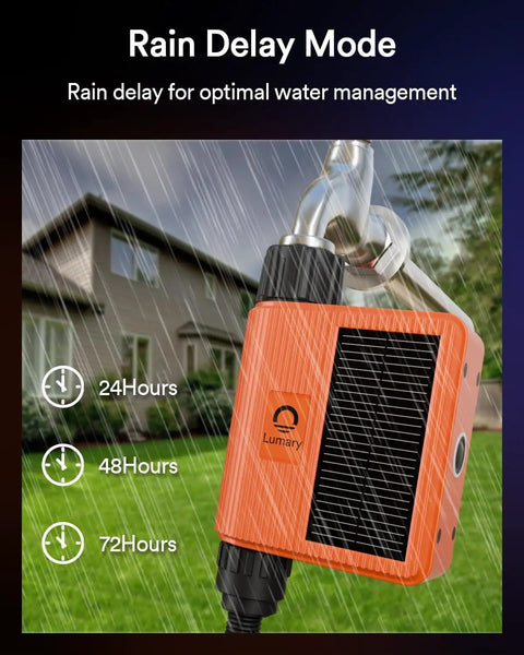 Dope Solar WiFi Sprinkler Timer With Flow Monitor showing rain delay mode for gardens, highlighting off-grid solar power and control features.