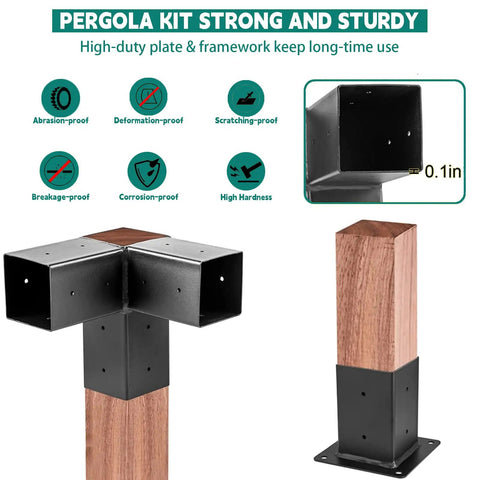 6x6 Pergola Bracket Kit With Powder Coated Carbon Steel Post Brackets, corner hardware, 0.1in thick plate on wooden post