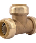 Three Quarter Inch Brass Push to Connect Tee Plumbing Fitting for quick joins in tight spaces, close-up of brass construction