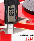 Close-up of steel plate thickness measured at 12MM using digital caliper for Heavy Duty Swivel Roller Moving Skates With Comfort Grip Handle For Smooth Furniture And Machinery Transport Around The Shop Or Garage For Quick Weekend Or Holiday Projects.