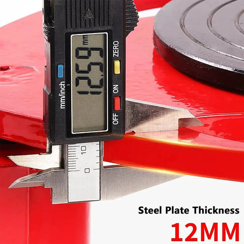 Close-up of steel plate thickness measured at 12MM using digital caliper for Heavy Duty Swivel Roller Moving Skates With Comfort Grip Handle For Smooth Furniture And Machinery Transport Around The Shop Or Garage For Quick Weekend Or Holiday Projects.