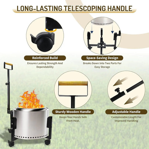 Beefy Rolling Stand With Telescopic Handle For 19.5 Inch Smokeless Fire Pits features reinforced wheels and adjustable handle.