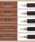 Leather Creaser Machine All-In-One Kit tips and heads for edge creasing, burnishing, and sanding, displayed with descriptions
