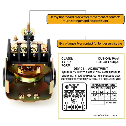 Close-up of Water Well Pressure Switch 30 to 50 PSI 1/4 Inch Female NPT showing internal components and adjustment guide.