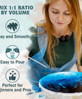 Woman mixing blue epoxy resin in bucket, text highlights features of 64 Oz Epoxy Resin Kit Two Pack 32 Oz Each Clear Casting And Coating