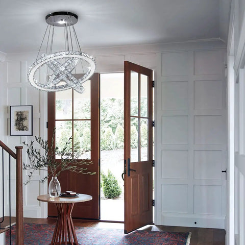 Modern Crystal Chandelier With Three Ring Pendant Lights LED Ceiling Fixture In Stainless Steel Non Dimmable Cool White 6500K in hallway