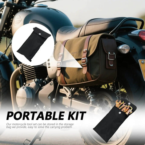 Compact Motorcycle Tool Kit with Pliers, Double Ended Spark Plug Socket, Screwdriver, Wrenches, and Storage Bag on bike