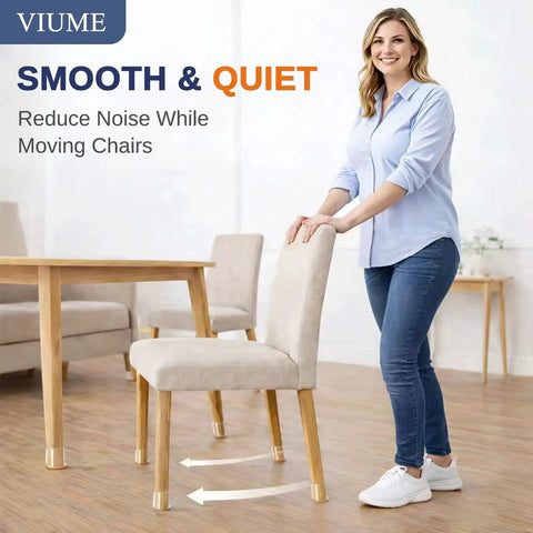 Woman demonstrating Silicone Chair Leg Protectors Fit 0.9 To 1.29 Inches, 32 Count Slip On Floor Caps on hardwood floor.