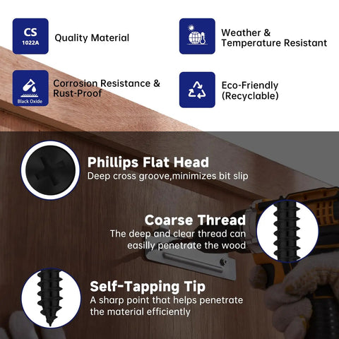 Badass Black Wood Screw Assortment Kit With Phillips Flat Head And Coarse Cut Threads features corrosion resistance and self-tapping tips.