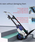 Huge Electric Hand Truck Stair Climber With Brushless Motor on stairs showing S-shaped support arm and wheel design for safe climbing.